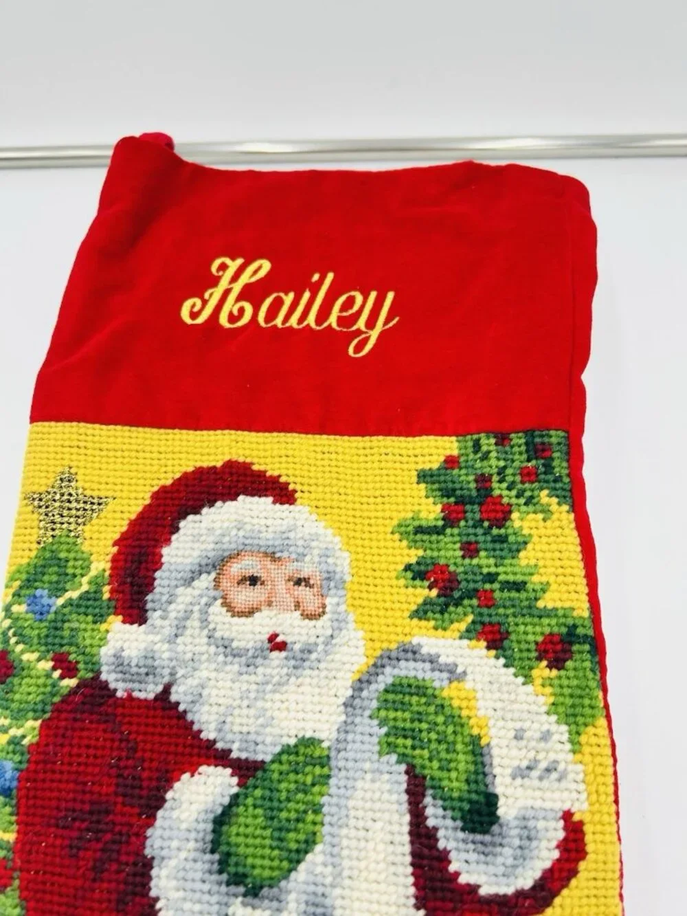 VTG Lillian Vernon Needlepoint Christmas Stocking Santa Gifts W/ Name “Hailey”